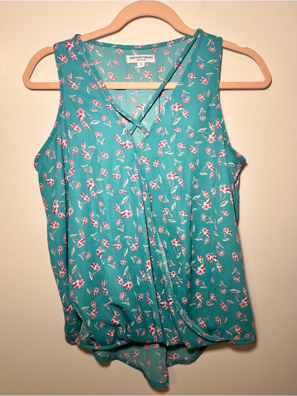 Grayson Threads Trendy Teal Criss Cross V-Neck Faux Wrap Sleeveless Blouse